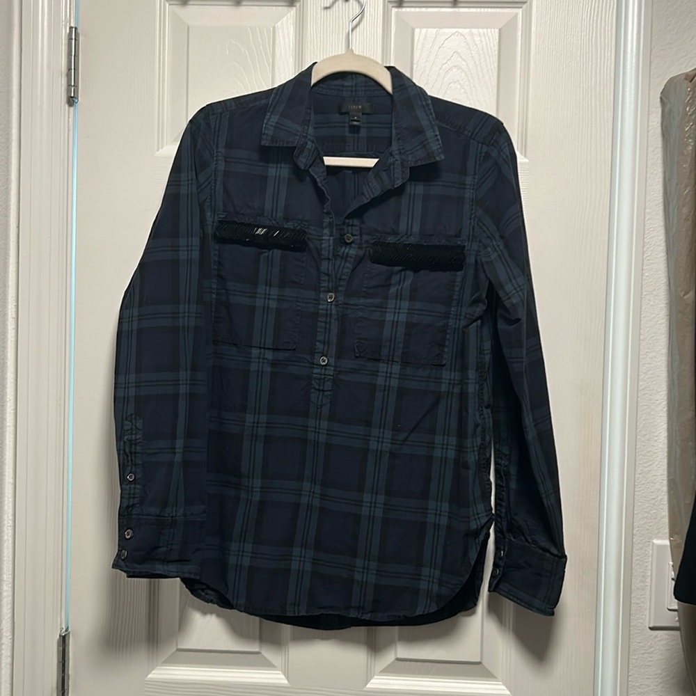 Jcrew tartan black watch popover with sequin pocket trim